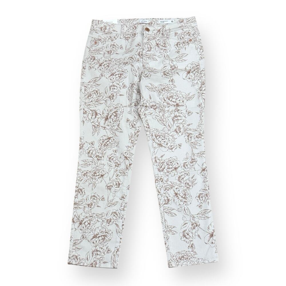 J. Jill Authentic Fit Slim Ankle Jeans 10 Neutral Beige Brown Floral Print NWT